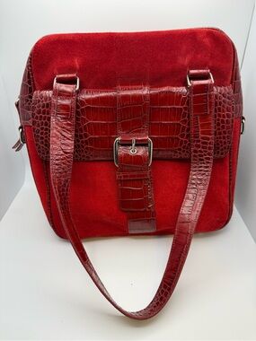 Levenger Ruby Red Suede & Embossed Leather Tote Shoulder Bag